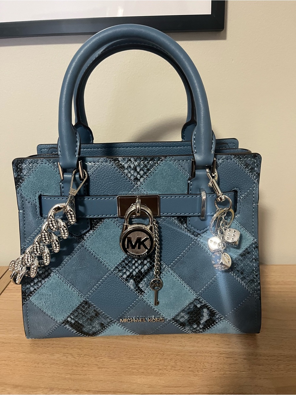 Michael Kors Blue Quilted Patchwork Satchel with Charm